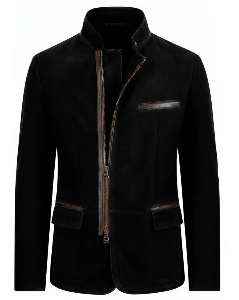 Men's Faux Suede Stand Collar Zip Blazer Jacket