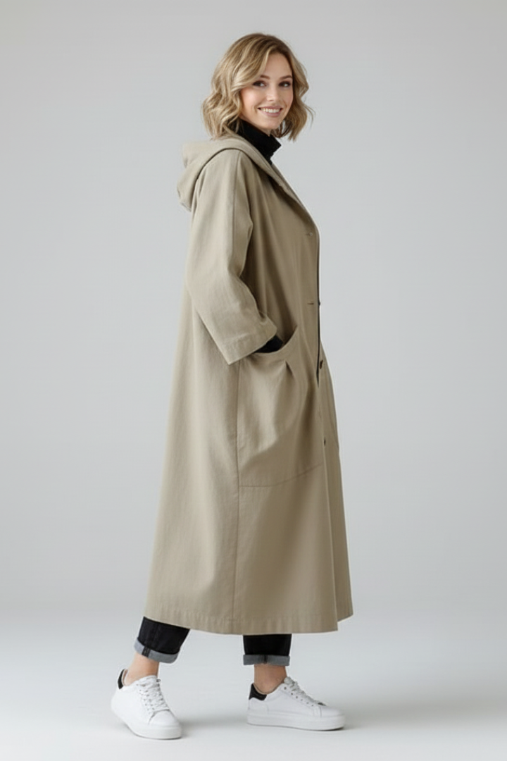 Women's Oversized Hooded Cocoon Coat with Pleated Pockets