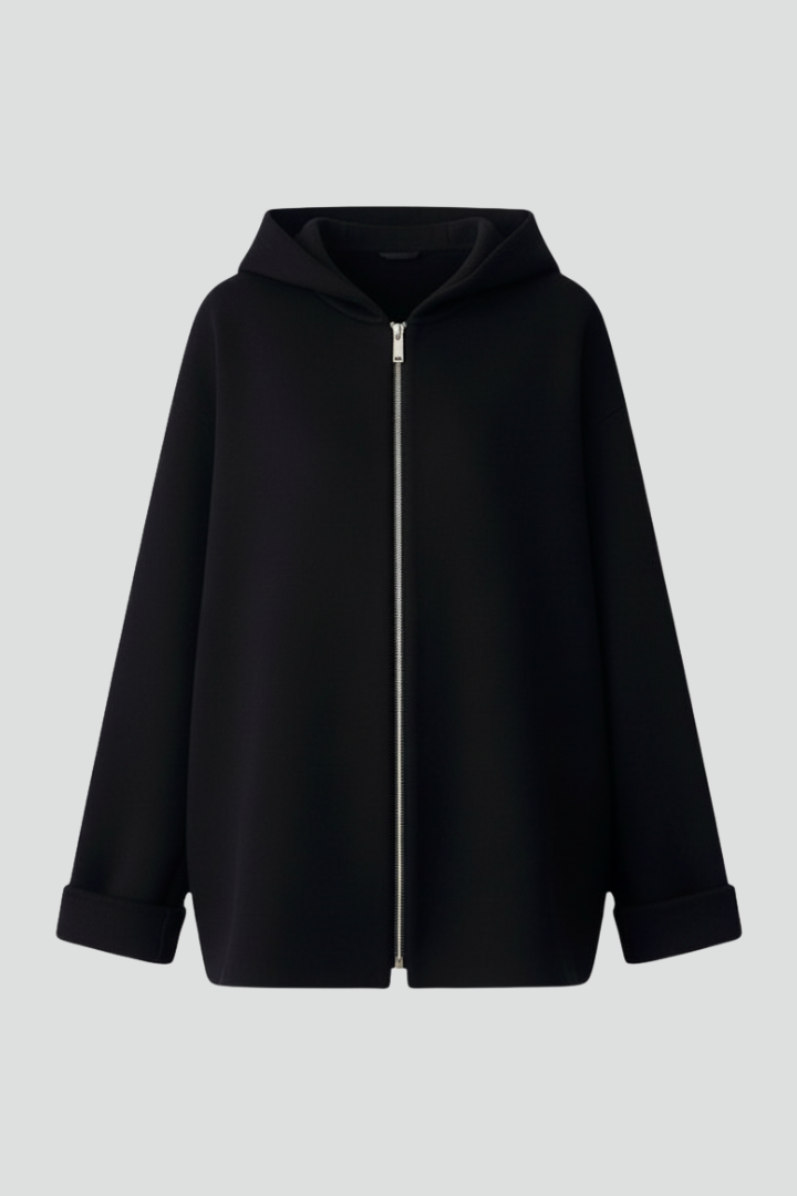 Women's Oversized Hooded Zip-Up Jacket with Turn-Up Cuffs