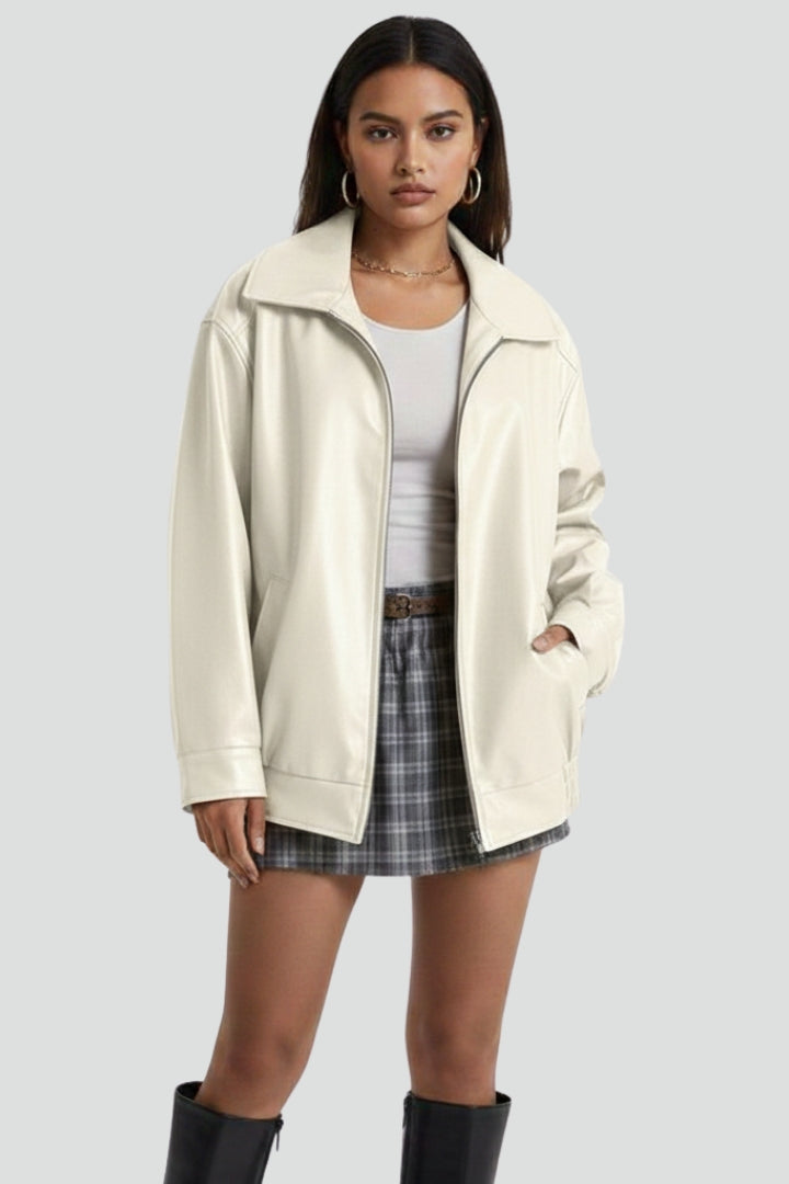 Women's Faux Leather Collared Zip-Up Bomber Jacket
