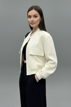 Women's Cropped Snap-Button Bomber Jacket with Flap Pockets