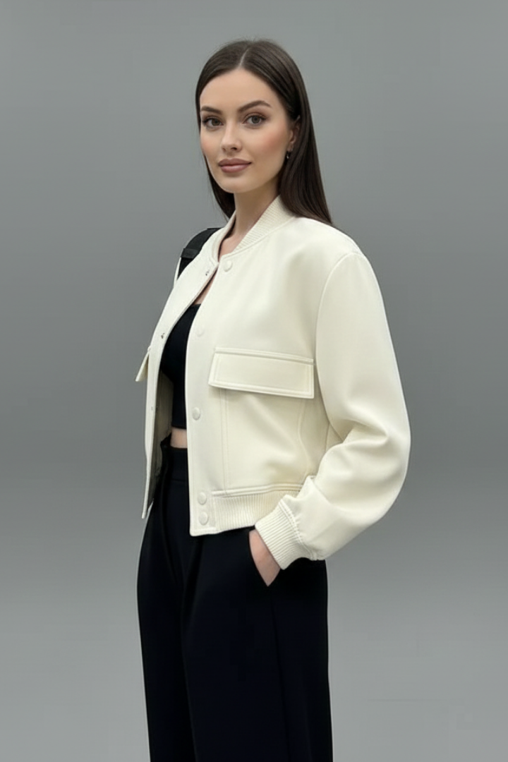 Women's Cropped Snap-Button Bomber Jacket with Flap Pockets