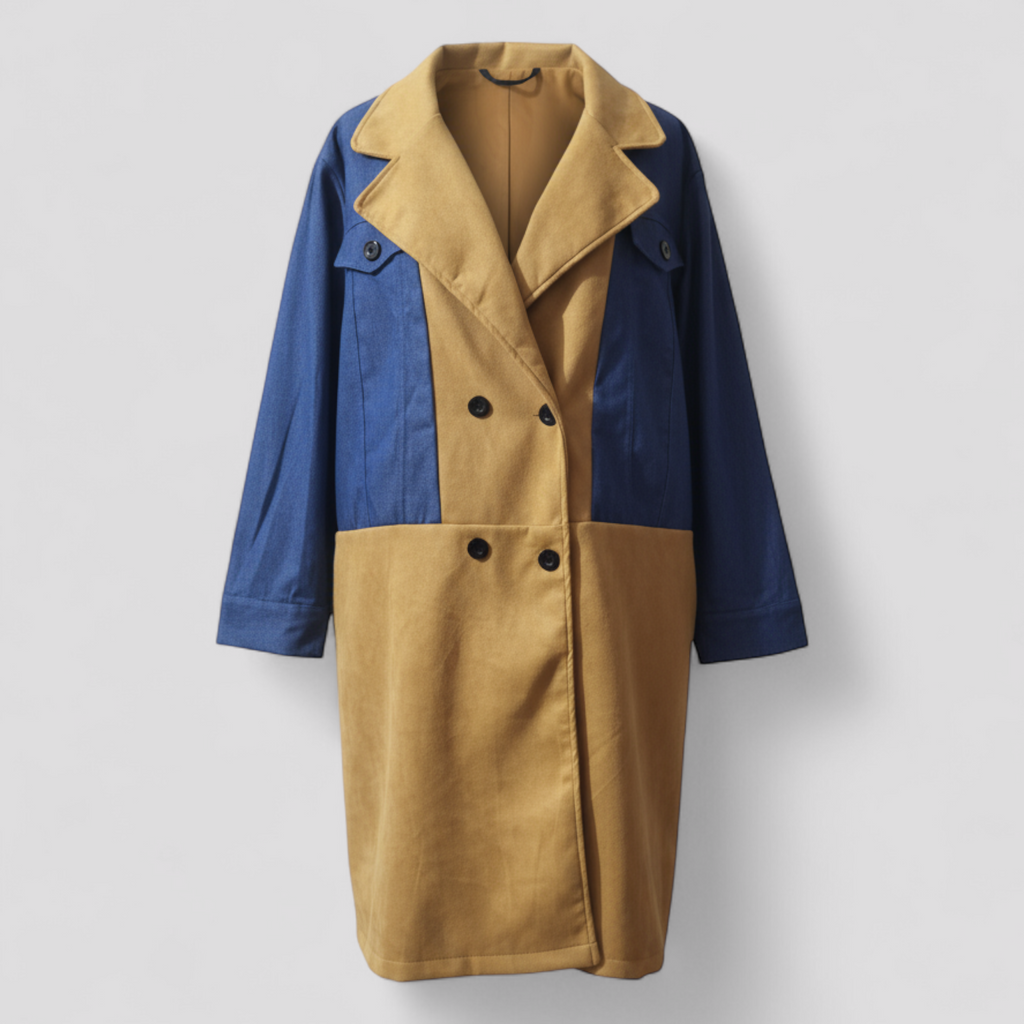 Women's Colour Block Longline Coat with Notch Lapel