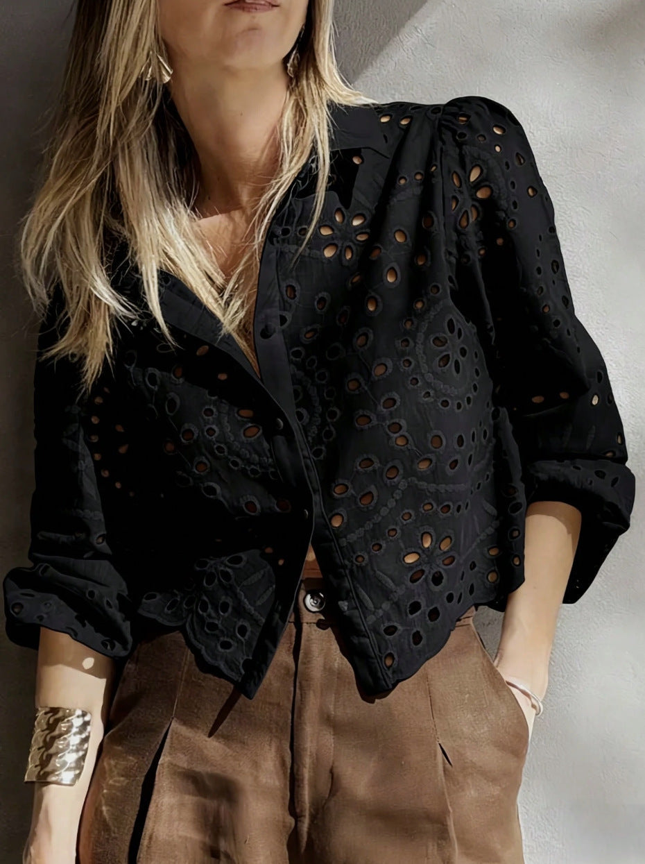 Women's Eyelet Embroidered Balloon Sleeve Button-Up Blouse