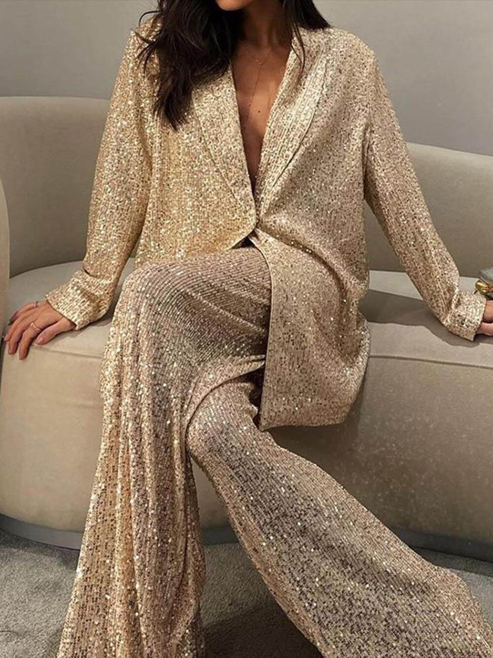 Women's Oversized Sequin Blazer Jacket with Lapel Collar