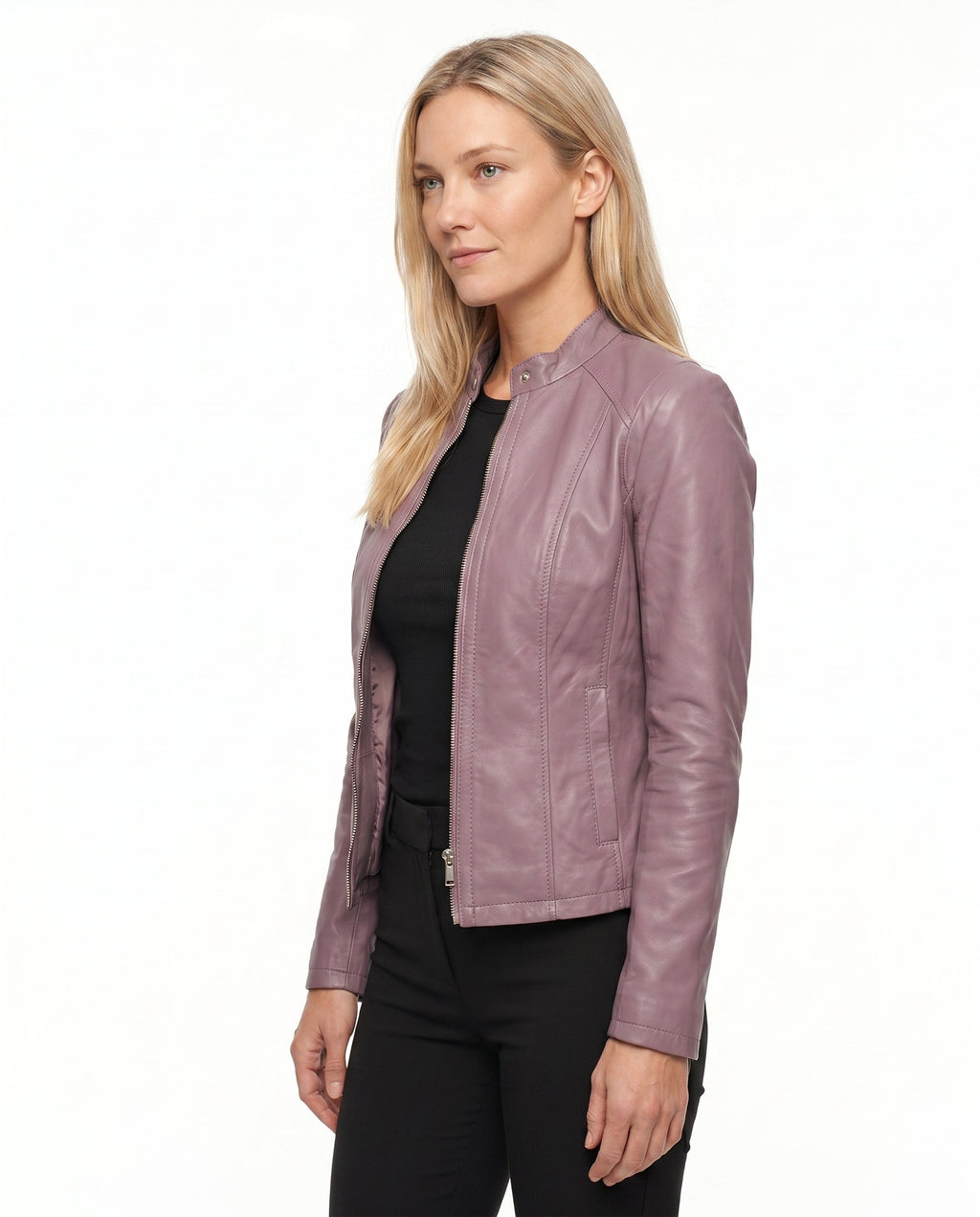 Women's Faux Leather Racer Jacket with Snap Collar