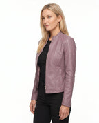 Women's Faux Leather Racer Jacket with Snap Collar