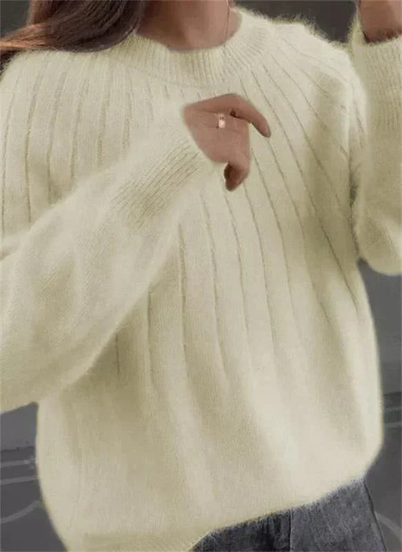 Women's Relaxed Fuzzy Ribbed Knit Round Neck Sweater
