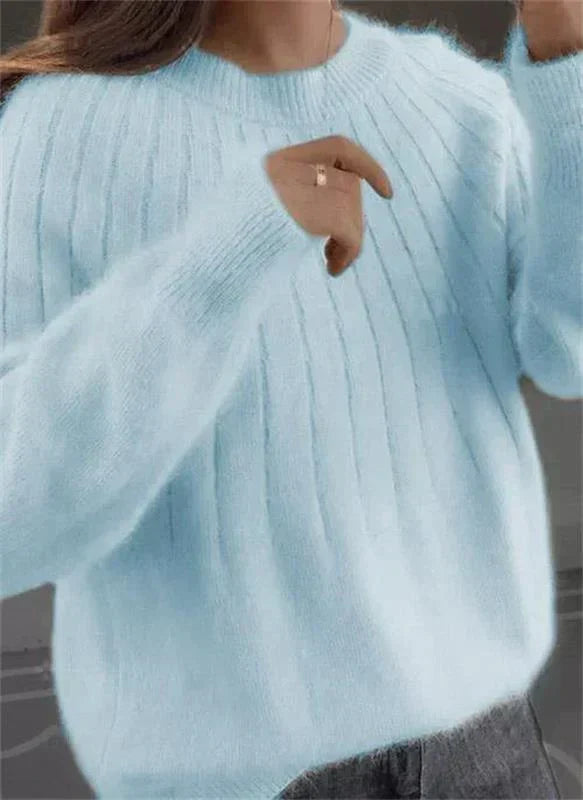 Women's Relaxed Fuzzy Ribbed Knit Round Neck Sweater