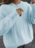 Women's Relaxed Fuzzy Ribbed Knit Round Neck Sweater