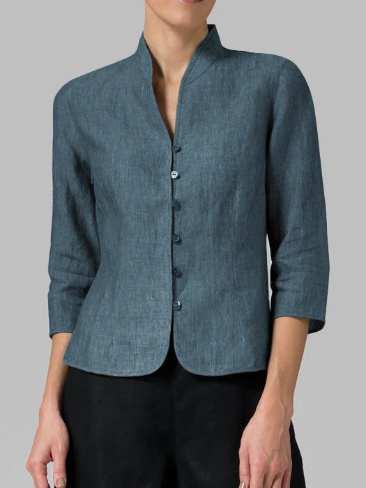 Women's Stand Collar V-Neck Button-Front Blouse