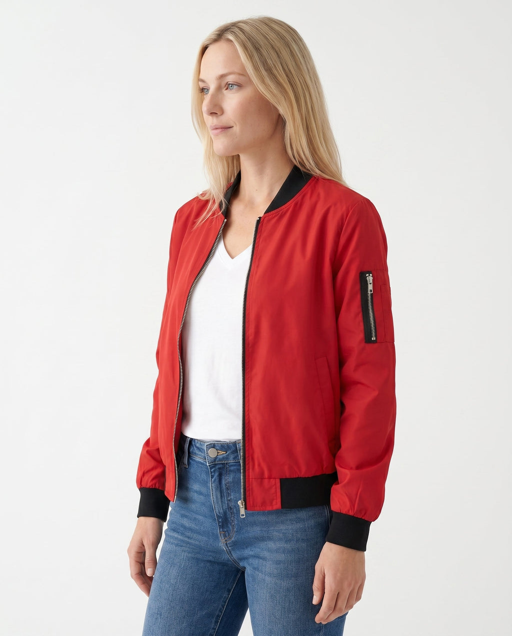 Women's Classic Zip-Up Bomber Jacket with Sleeve Pocket