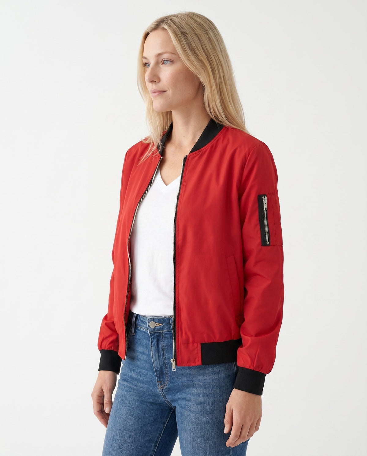 Women's Classic Zip-Up Bomber Jacket with Sleeve Pocket
