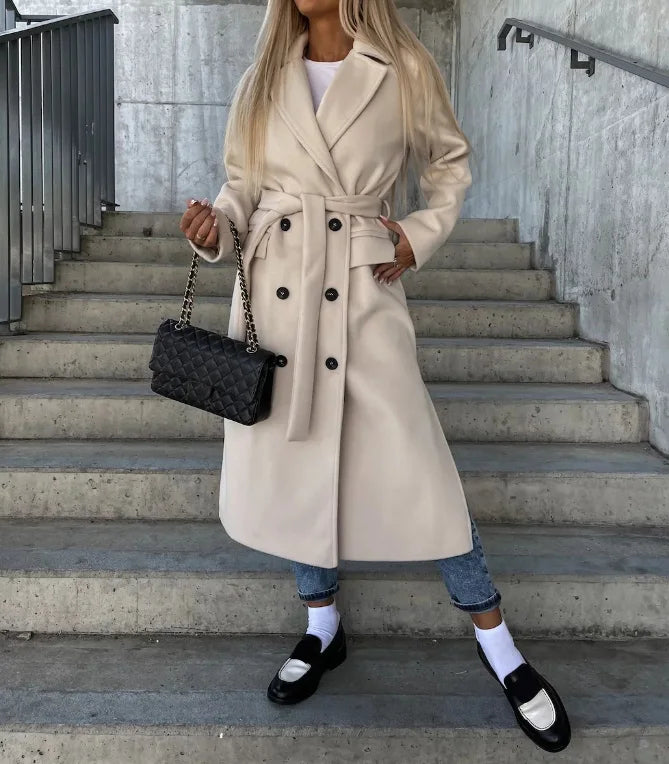 Women's Double-Breasted Belted Longline Overcoat