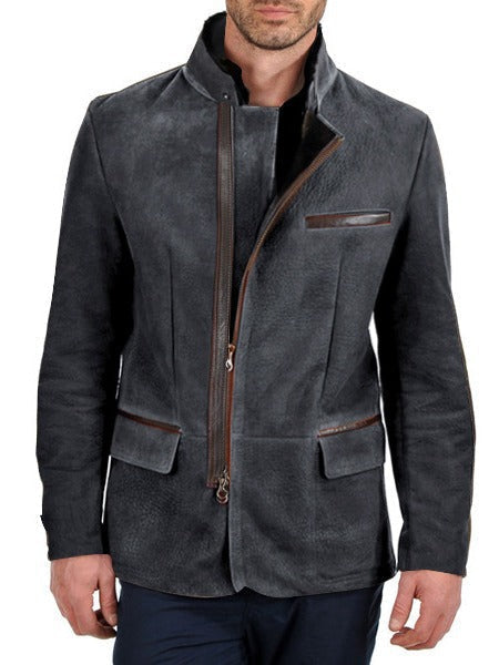 Men's Faux Suede Stand Collar Zip Blazer Jacket