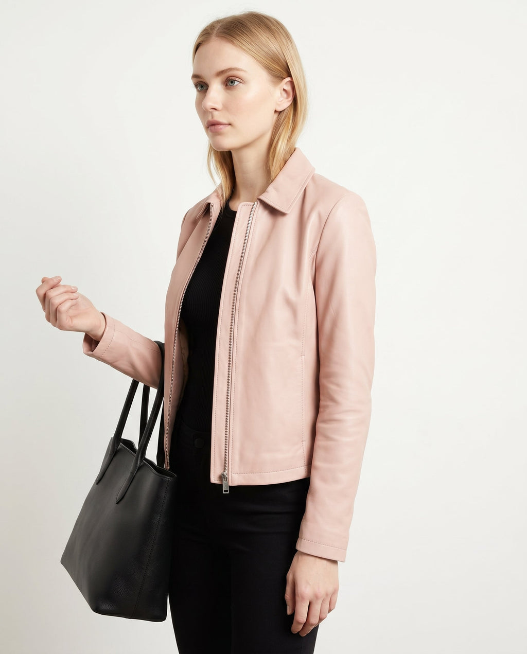 Women's Faux Leather Racer Jacket with Snap Collar
