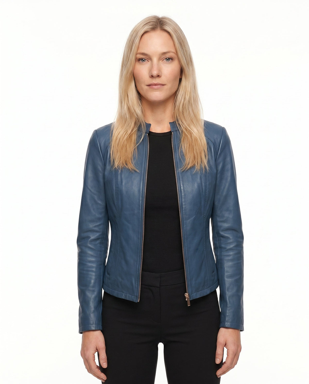 Women's Faux Leather Racer Jacket with Snap Collar