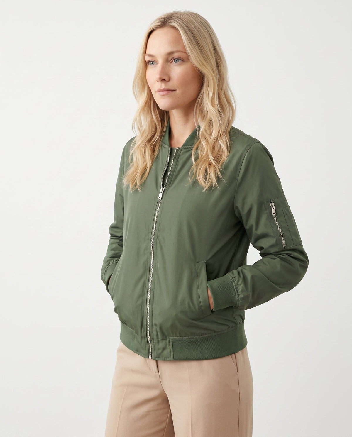 Women's Classic Zip-Up Bomber Jacket with Sleeve Pocket