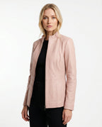 Women's Faux Leather Racer Jacket with Snap Collar