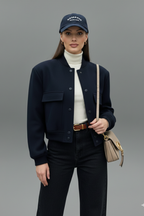 Women's Cropped Snap-Button Bomber Jacket with Flap Pockets