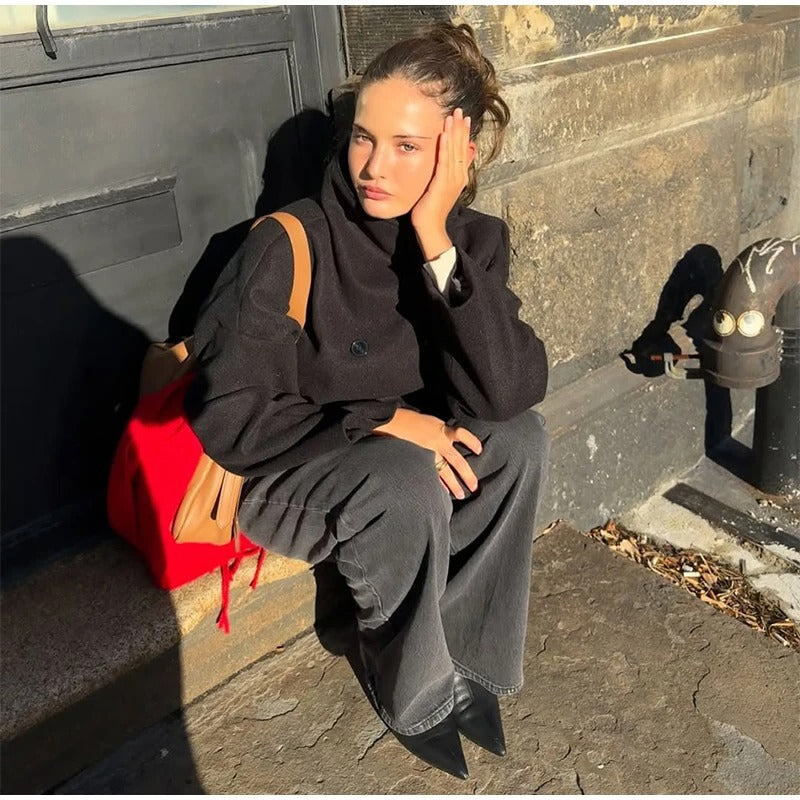 Women's Oversized Funnel Neck Double-Breasted Coat