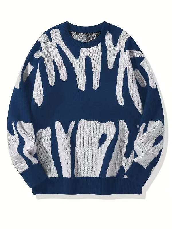 Men's Oversized Abstract Jacquard Crew Neck Knit Sweater