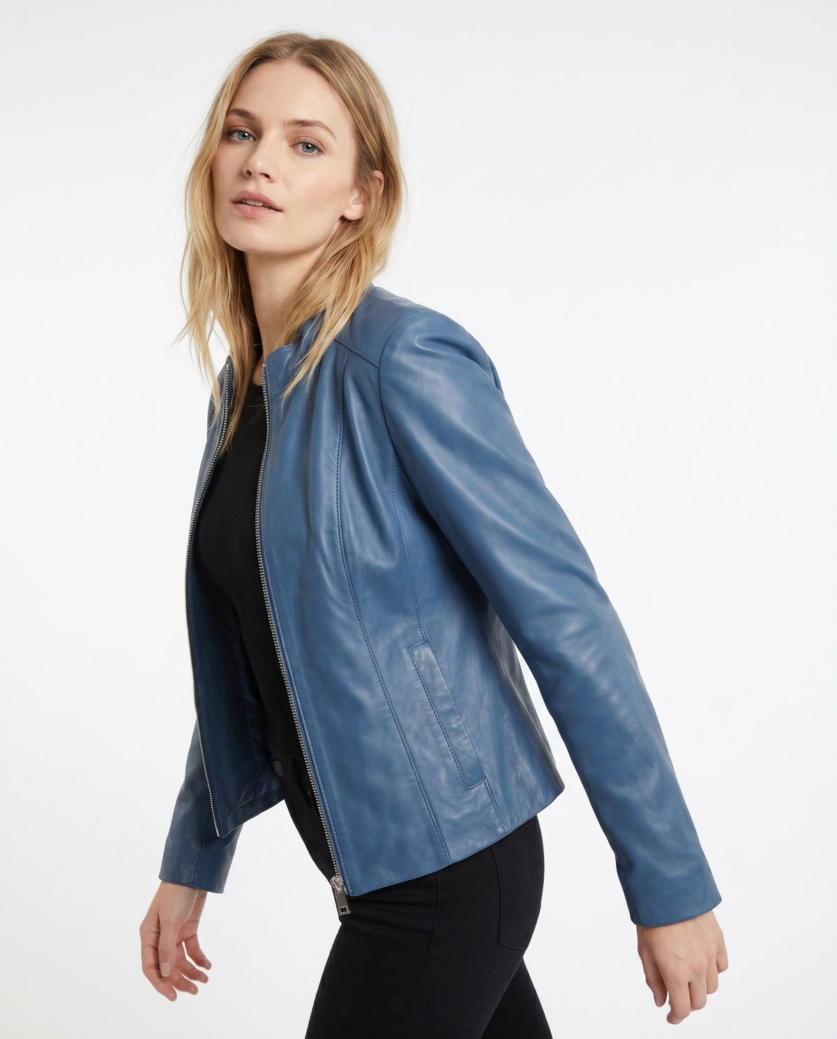 Women's Faux Leather Racer Jacket with Snap Collar