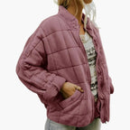 Women's Oversized Quilted Zip-Up Jacket with Stand Collar