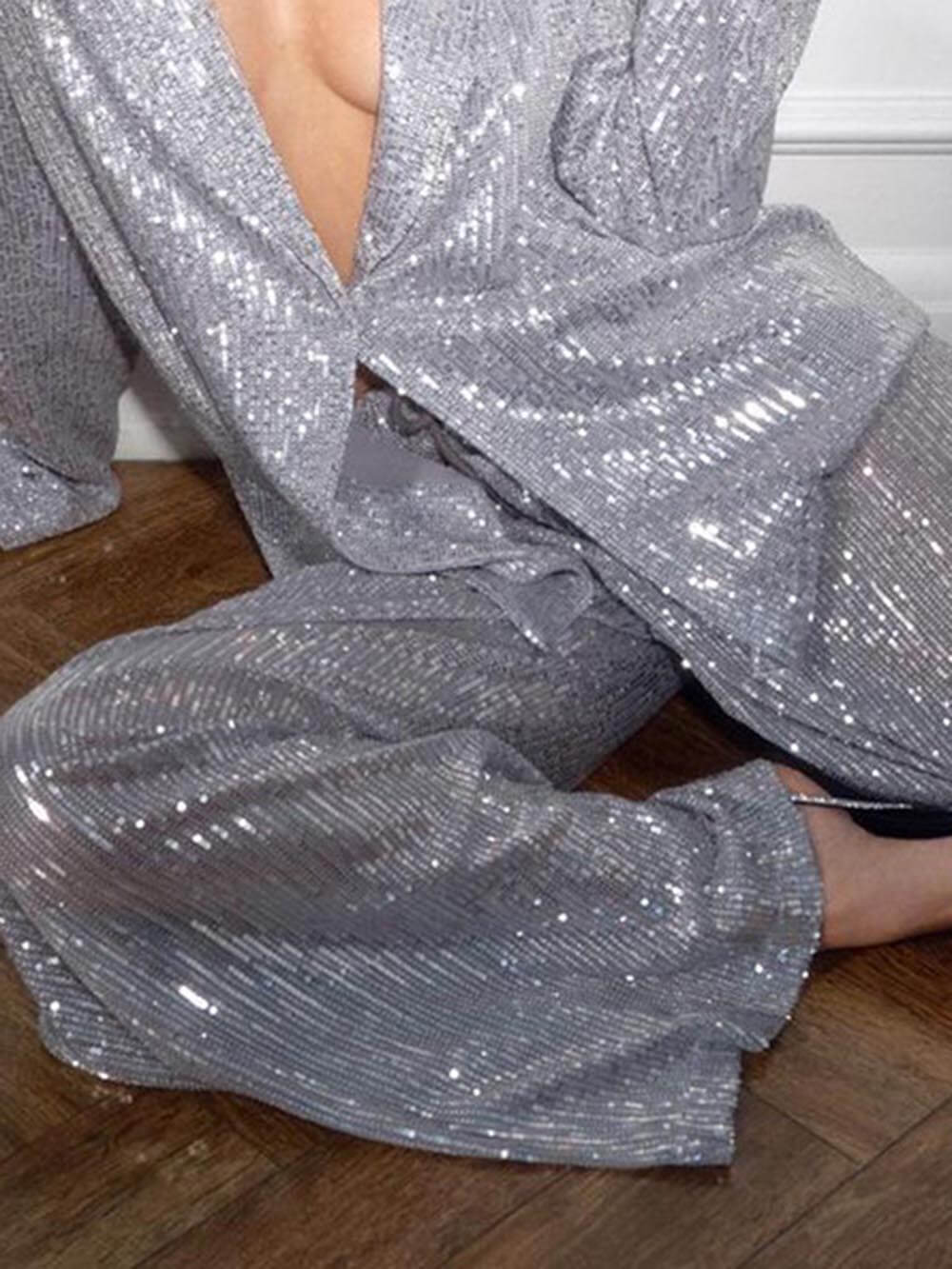 Women's Oversized Sequin Blazer Jacket with Lapel Collar