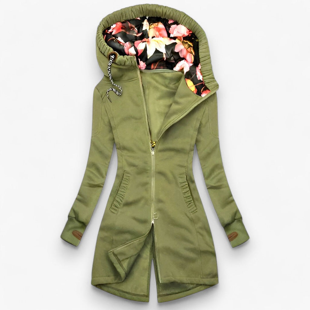 Women's Longline Zip-Up Jacket with Floral Lined Hood