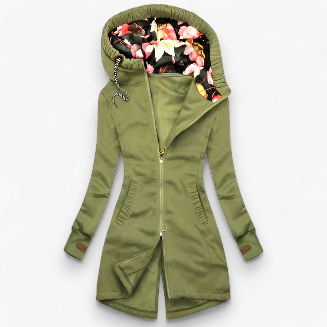 Women's Longline Zip-Up Jacket with Floral Lined Hood