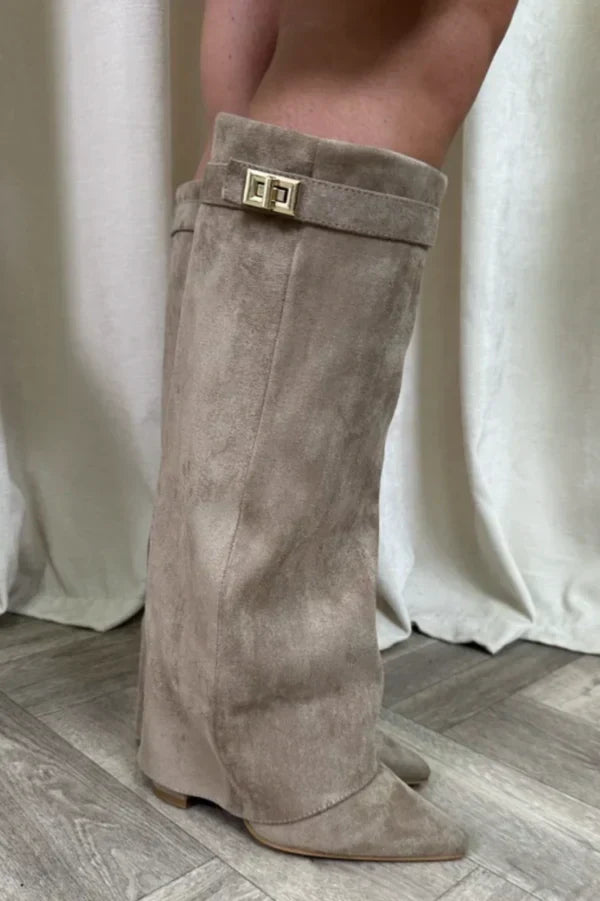 Women's Faux Suede Fold-Over Knee-High Boots with Buckle Strap