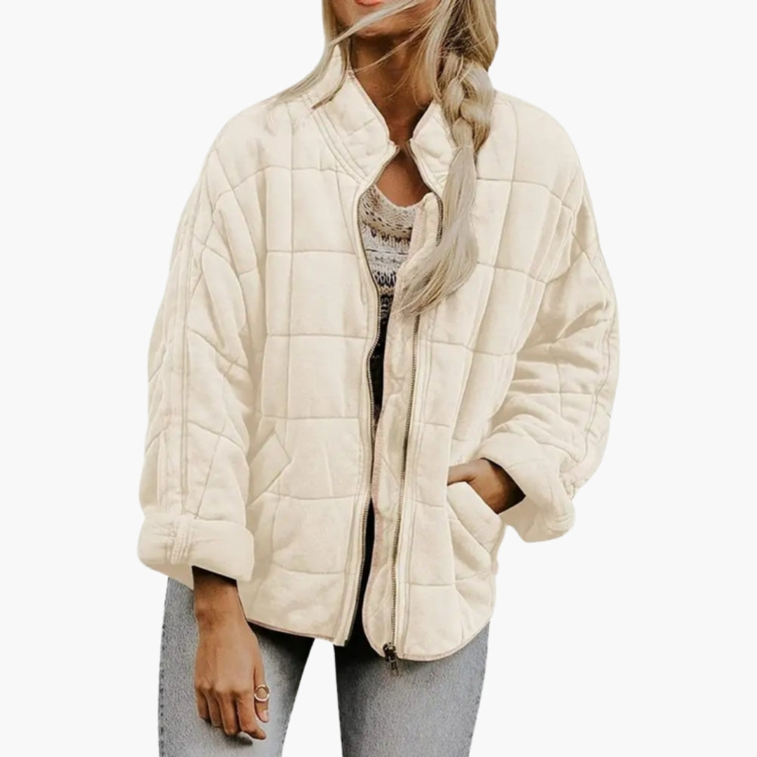 Women's Oversized Quilted Zip-Up Jacket with Stand Collar