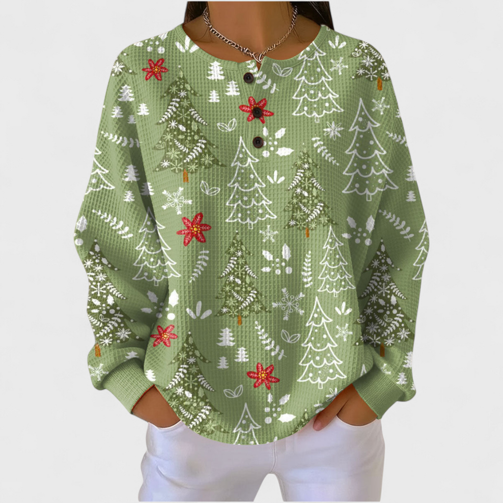 Women's Christmas Print Waffle Knit Long Sleeve Henley Top