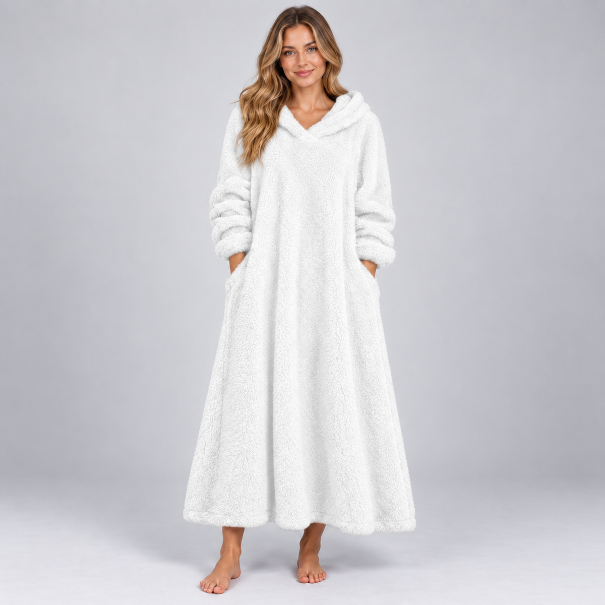 Women's Hooded Teddy Fleece Maxi Lounge Dress with Pockets
