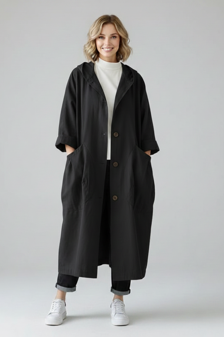 Women's Oversized Hooded Cocoon Coat with Pleated Pockets