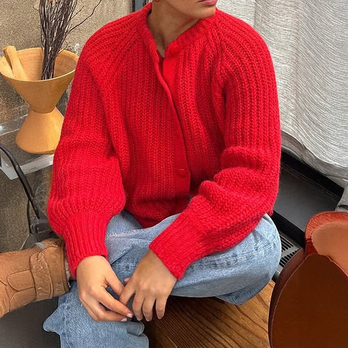 Women's Chunky Ribbed Knit Round Neck Button Cardigan
