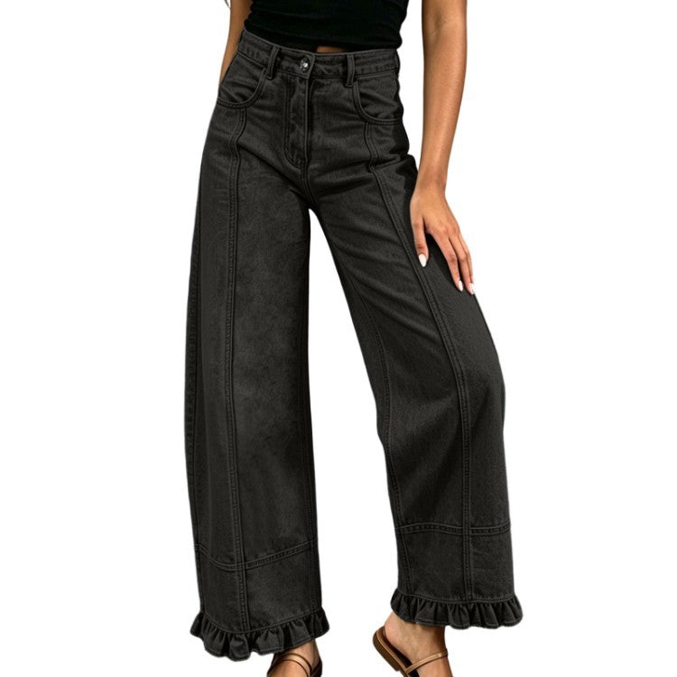 Women's High-Waisted Wide-Leg Jeans with Ruffle Hem
