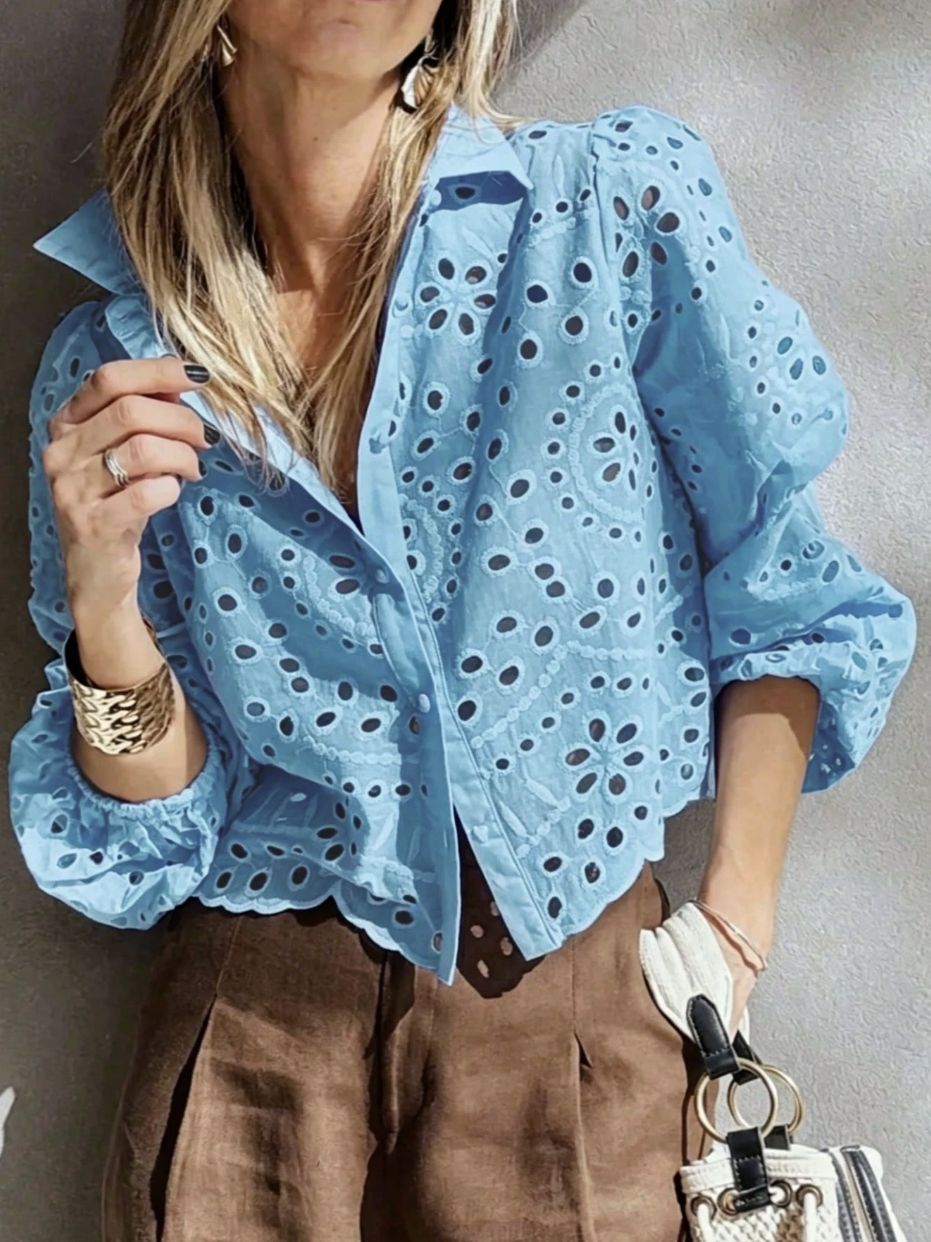 Women's Eyelet Embroidered Balloon Sleeve Button-Up Blouse