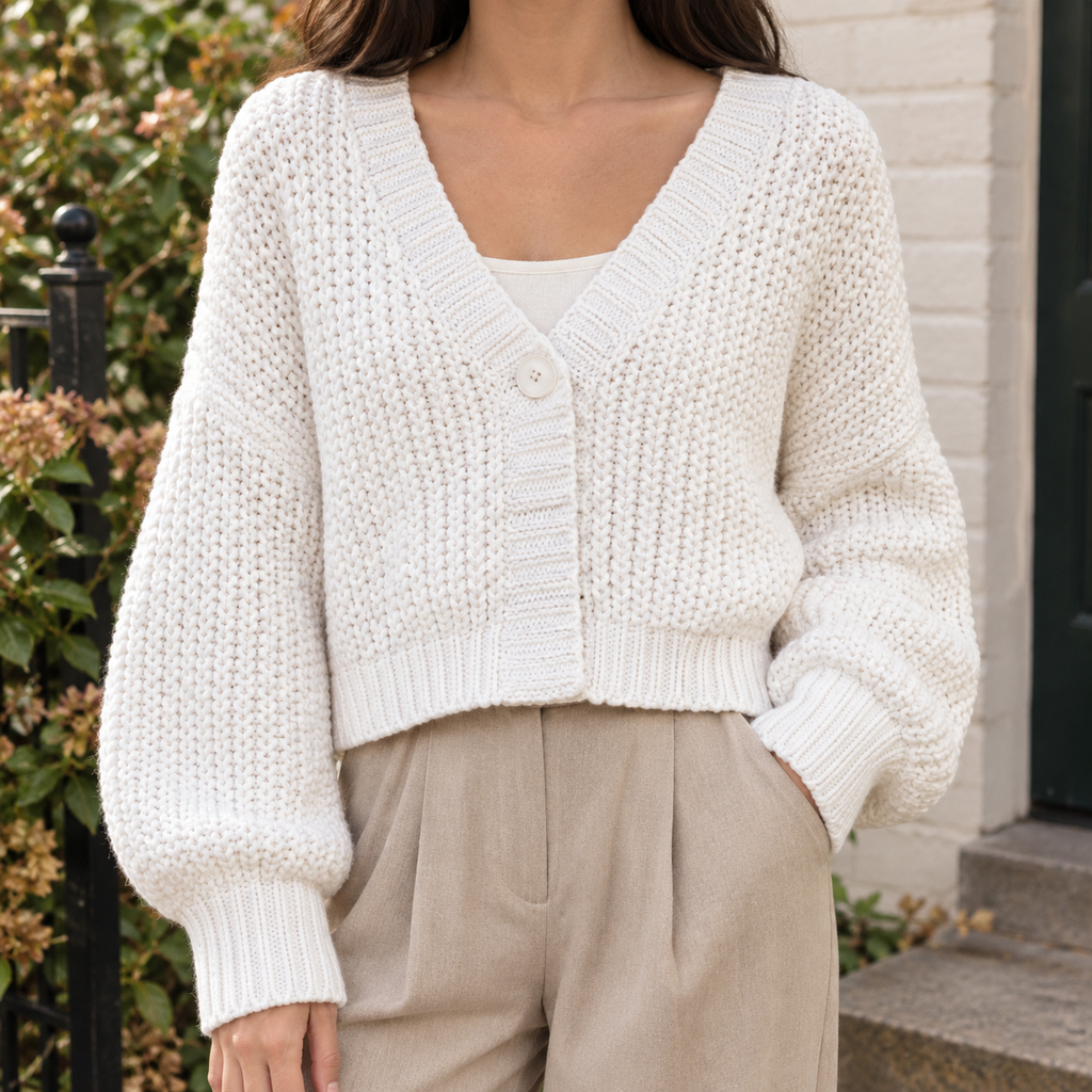 Women’s Chunky Knit Cropped V-Neck Button Cardigan