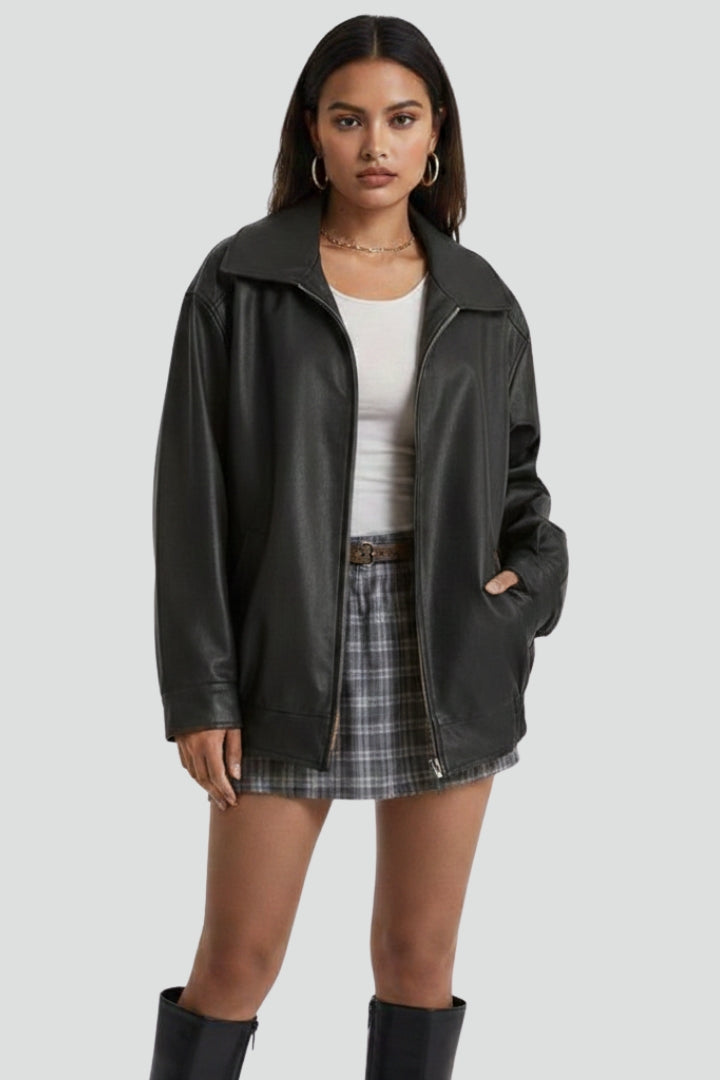 Women's Faux Leather Collared Zip-Up Bomber Jacket