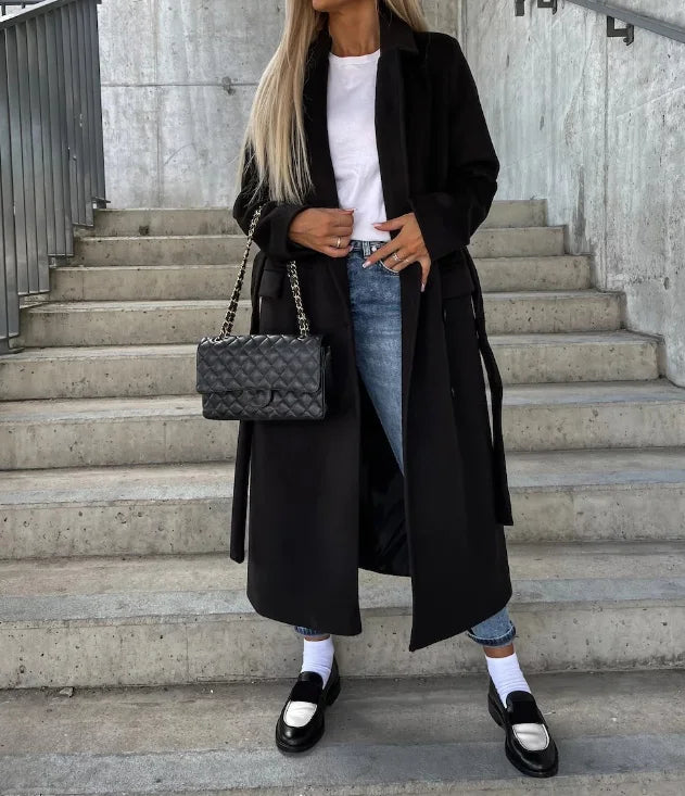 Women's Double-Breasted Belted Longline Overcoat