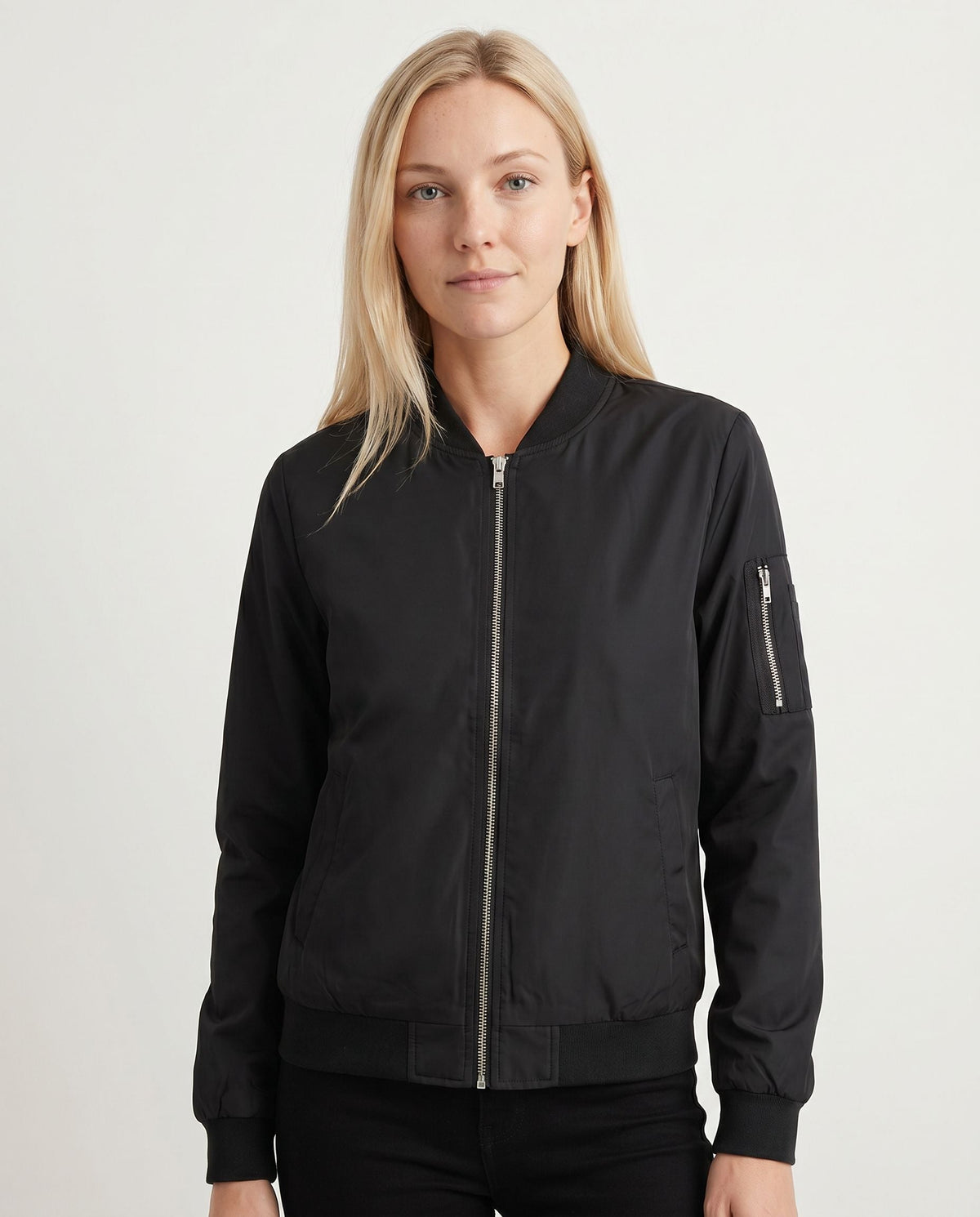 Women's Classic Zip-Up Bomber Jacket with Sleeve Pocket