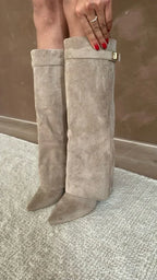 Women's Faux Suede Fold-Over Knee-High Boots with Buckle Strap