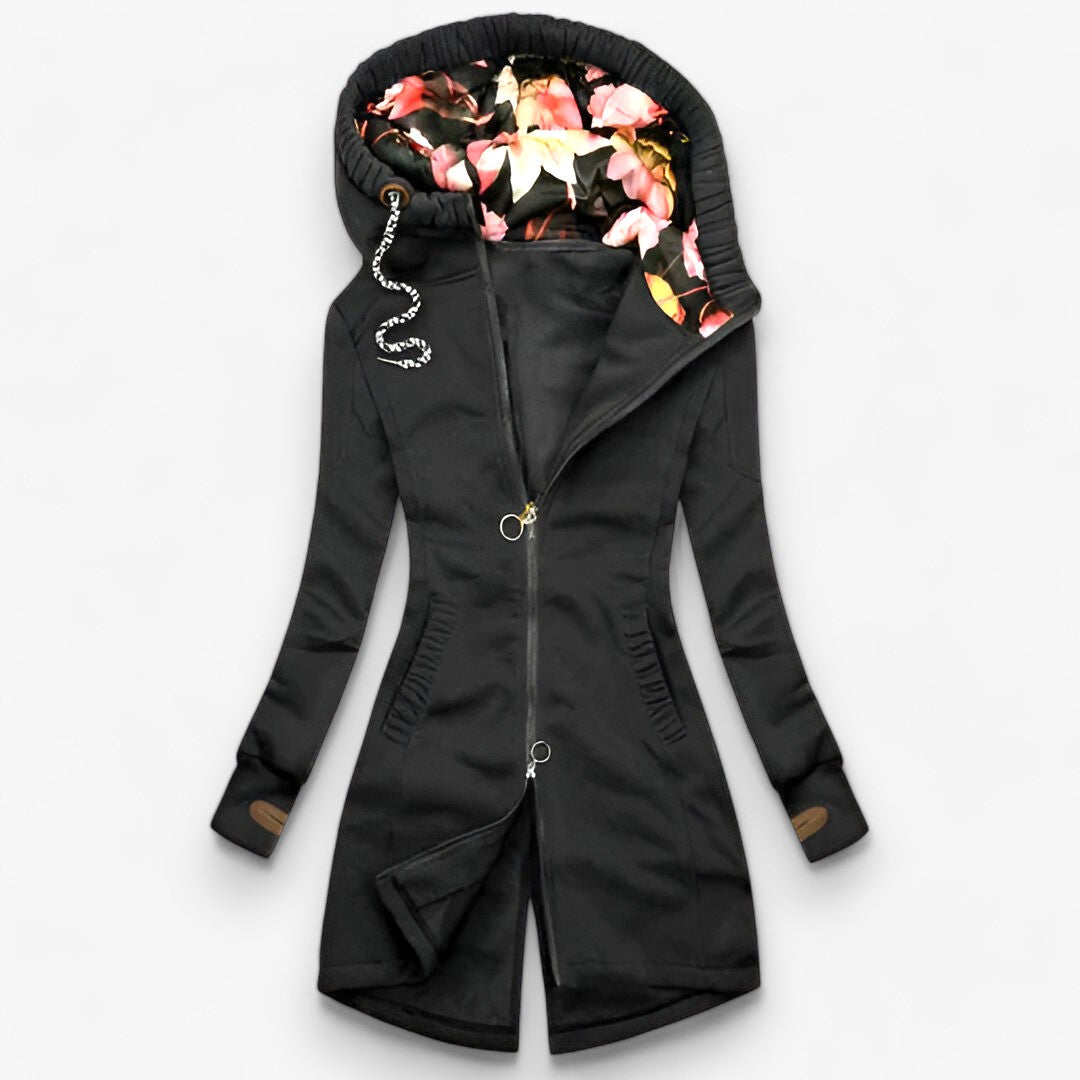 Women's Longline Zip-Up Jacket with Floral Lined Hood