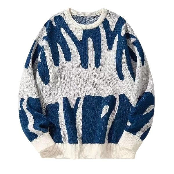Men's Oversized Abstract Jacquard Crew Neck Knit Sweater