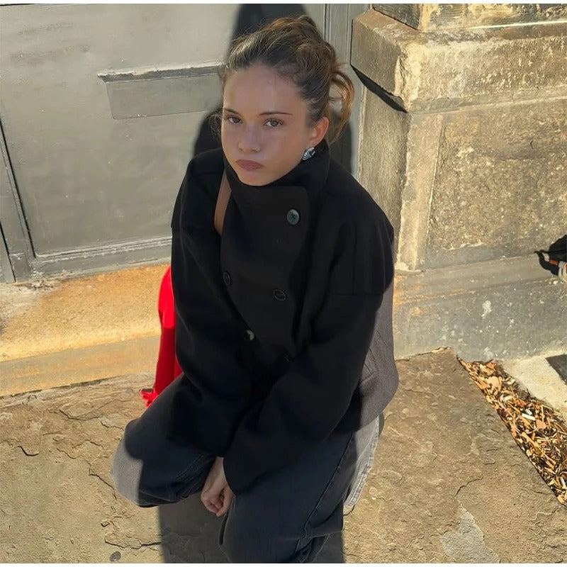 Women's Oversized Funnel Neck Double-Breasted Coat