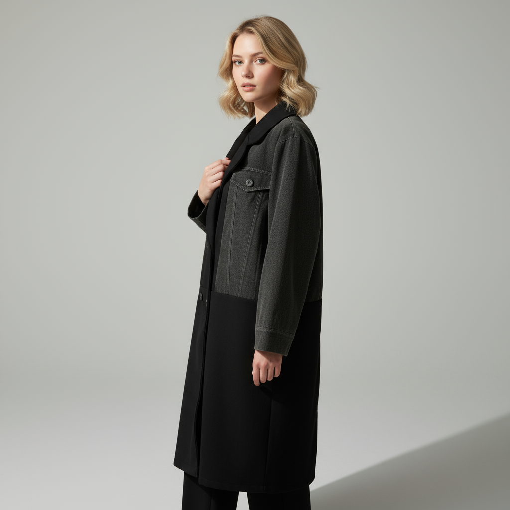 Women's Colour Block Longline Coat with Notch Lapel