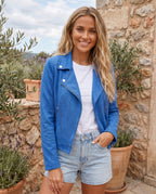 Women's Slim Fit Faux Suede Biker Jacket with Zip Pockets