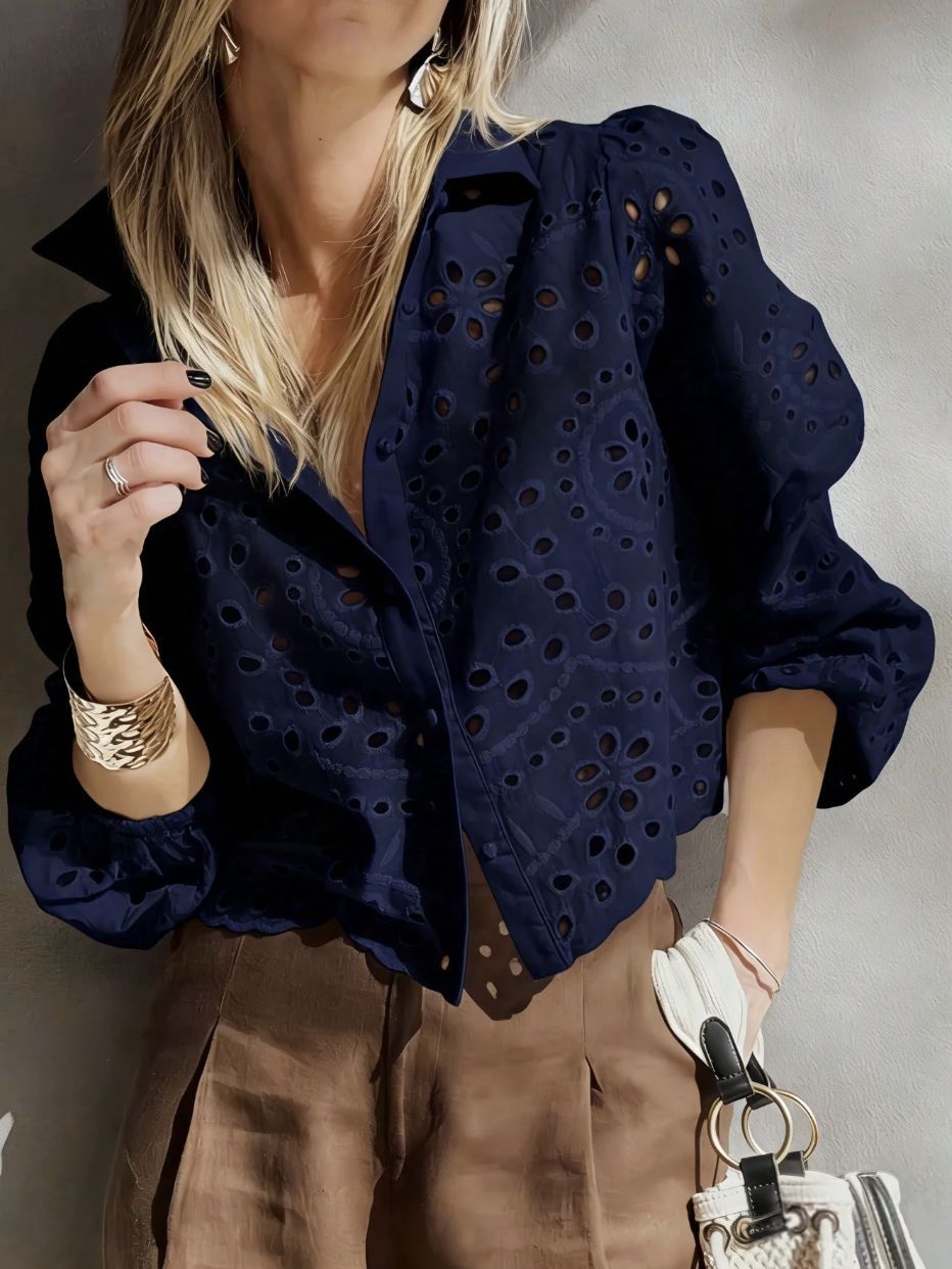 Women's Eyelet Embroidered Balloon Sleeve Button-Up Blouse